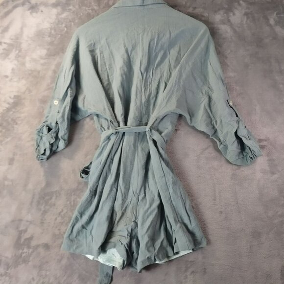 Womens Gauze Button Front Tie Waist Romper M Blue Roll Tab Sleeve Boho Casual - Picture 11 of 12